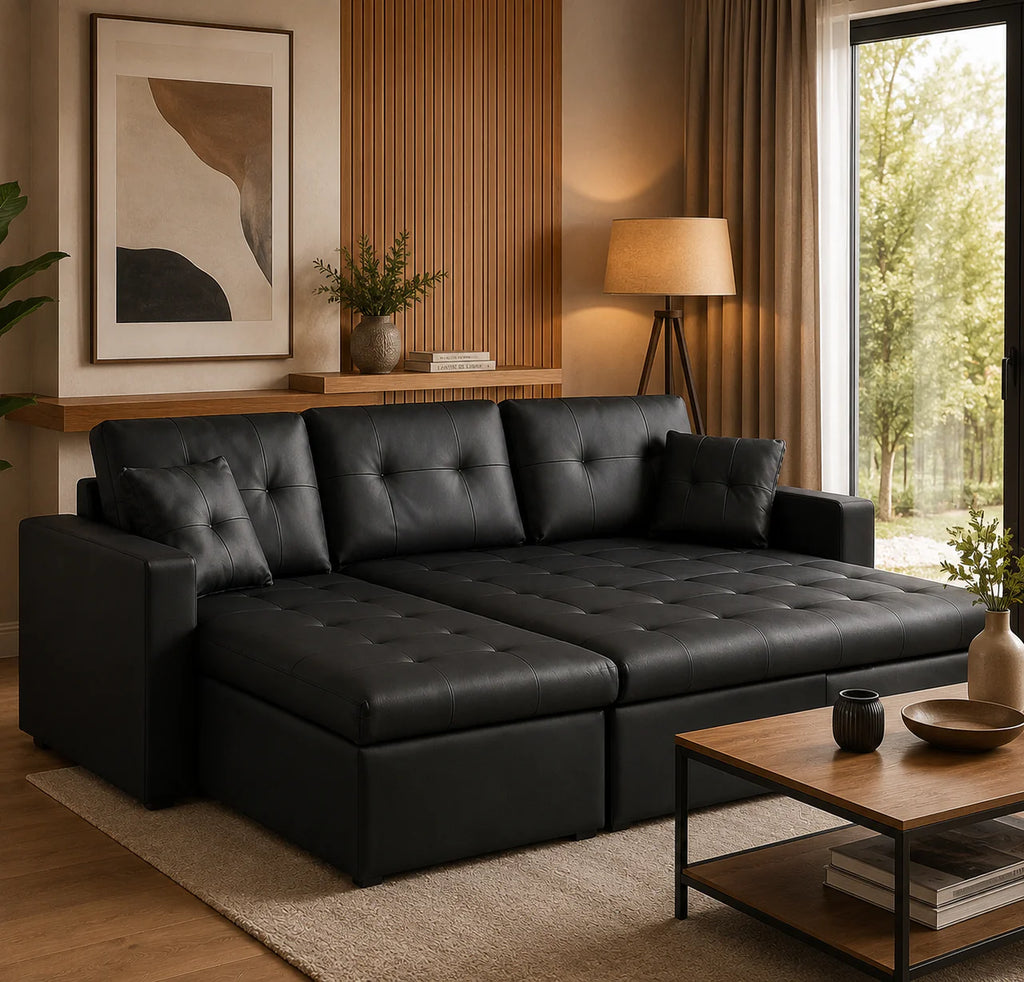 Canapé d'angle réversible convertible avec coffre de rangement en similicuir - Nova