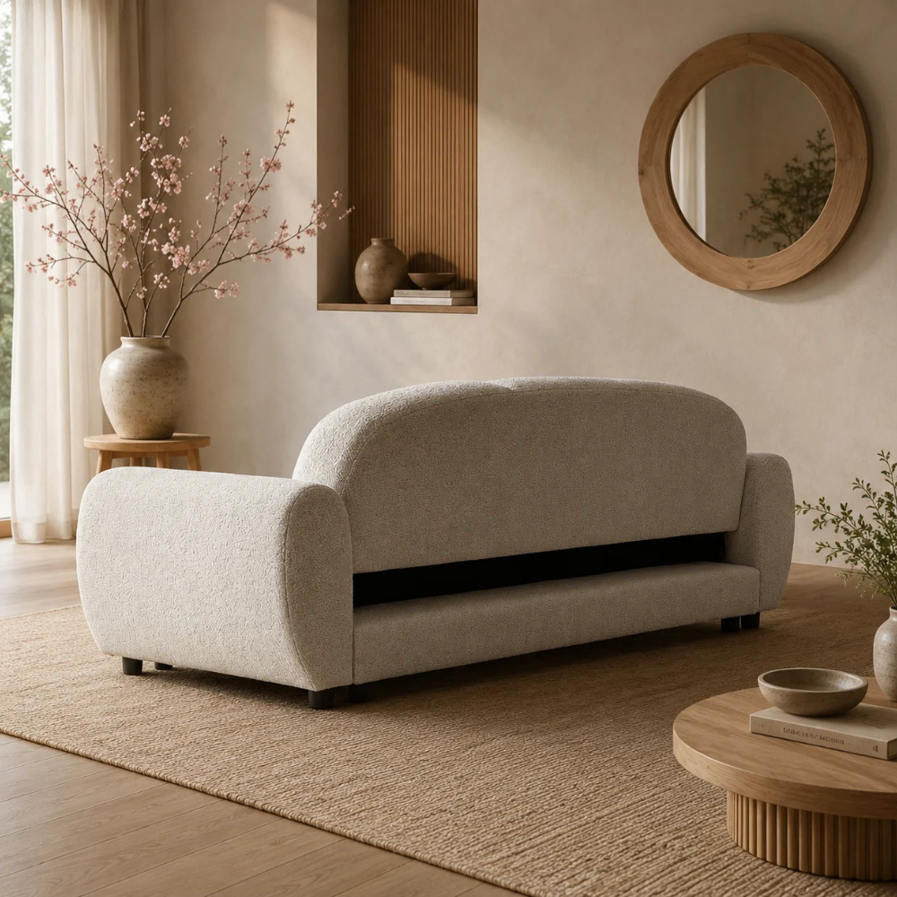 Canapé droit arrondi convertible en tissu bouclette - Osaka