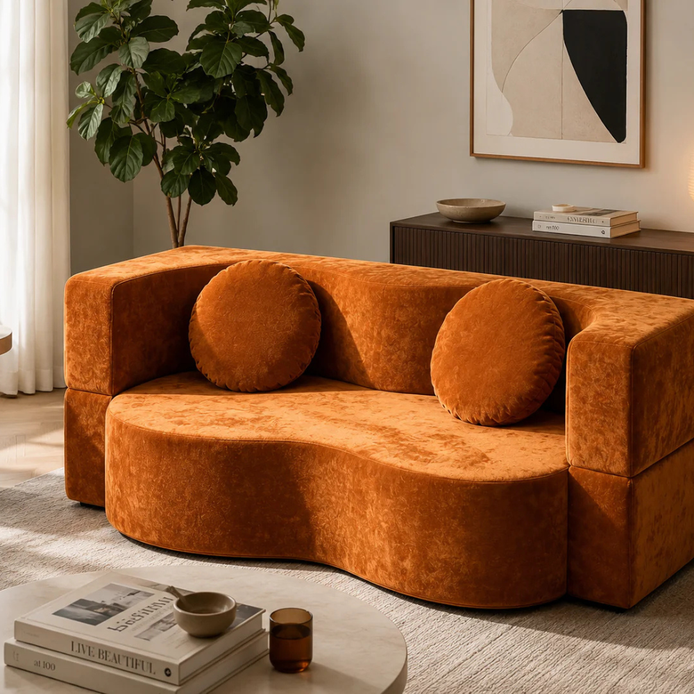 Canapé droit convertible en tissu chenille livré avec deux coussins - Oslo