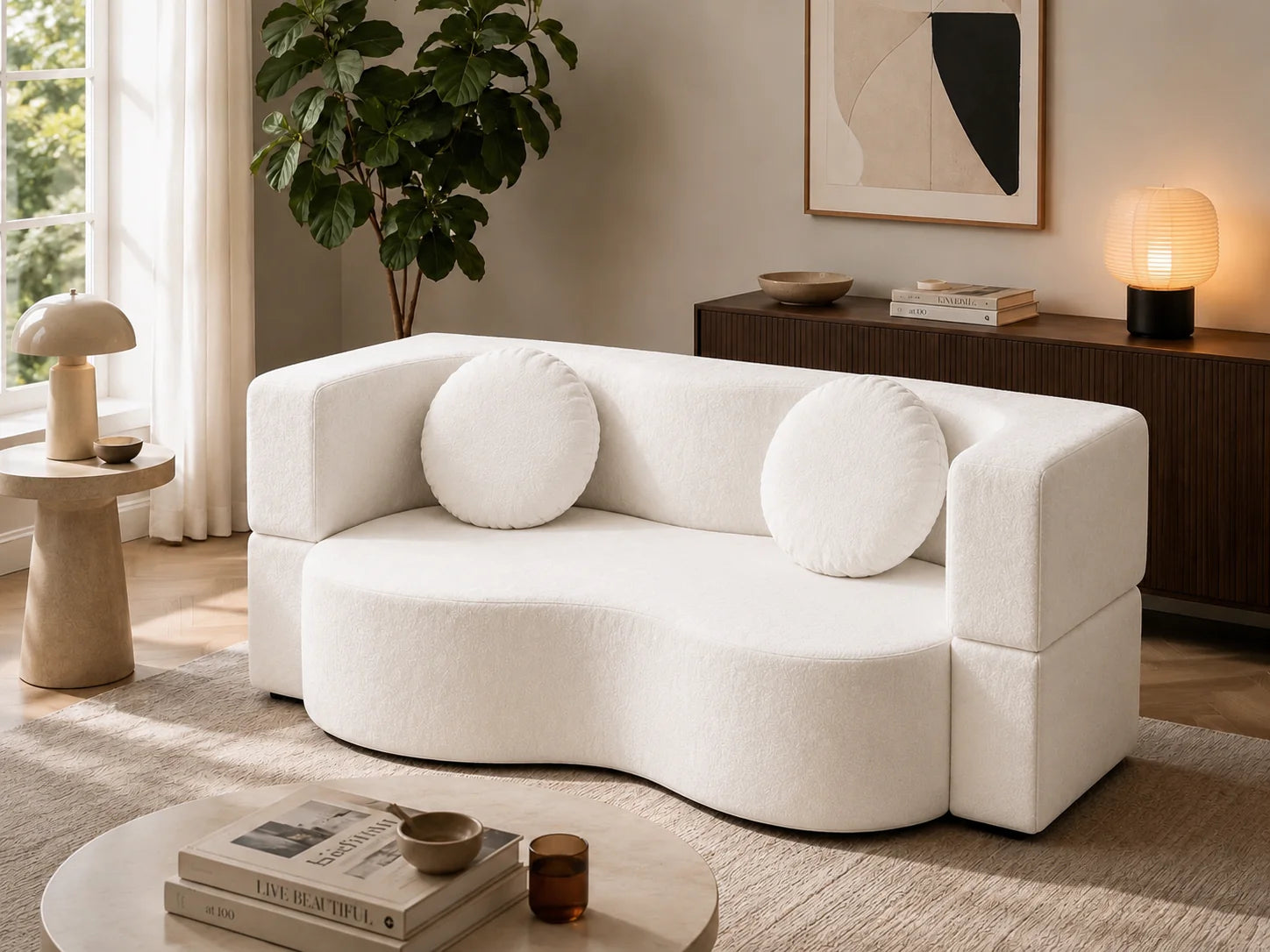 Canapé droit convertible en tissu chenille livré avec deux coussins - Oslo