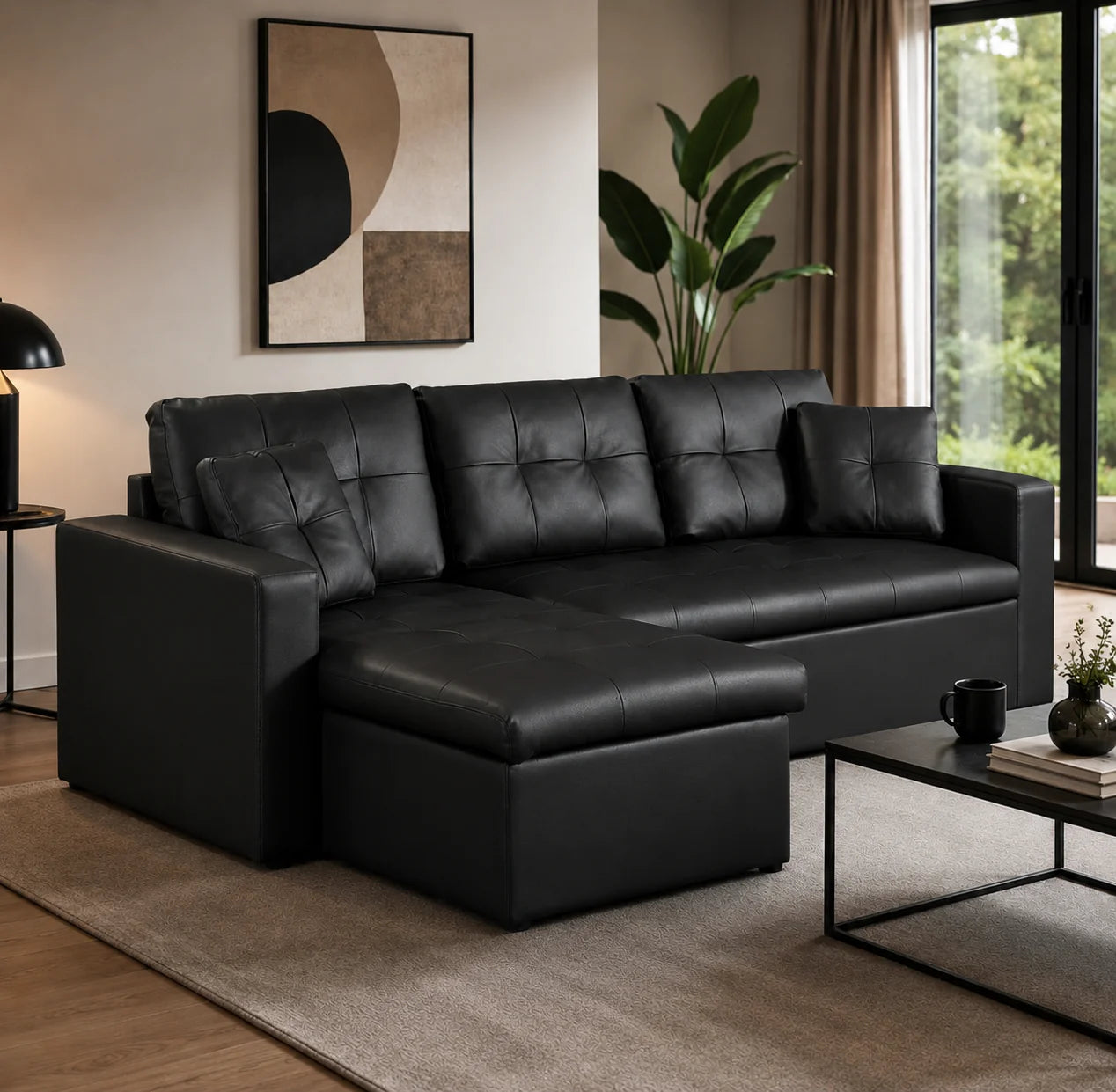 Canapé d'angle réversible convertible avec coffre de rangement en similicuir - Nova