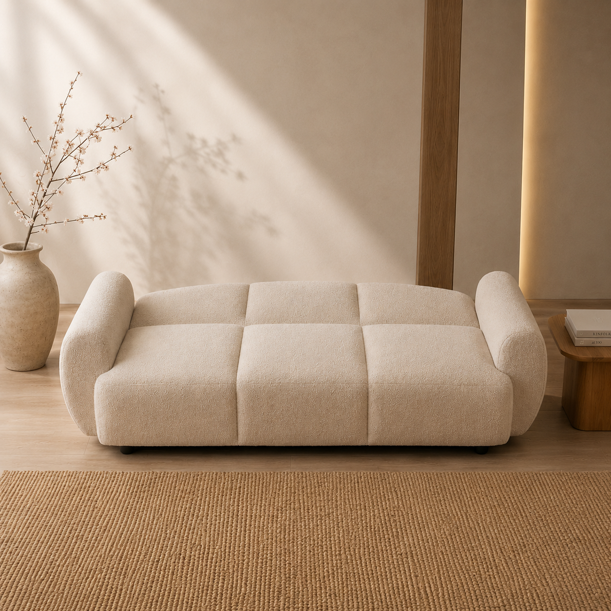 Canapé droit arrondi convertible en tissu bouclette - Osaka